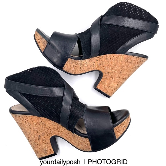Black nubuck leather Naya cork heel Maple platform sandals pumps US 7.5 - Picture 2 of 14
